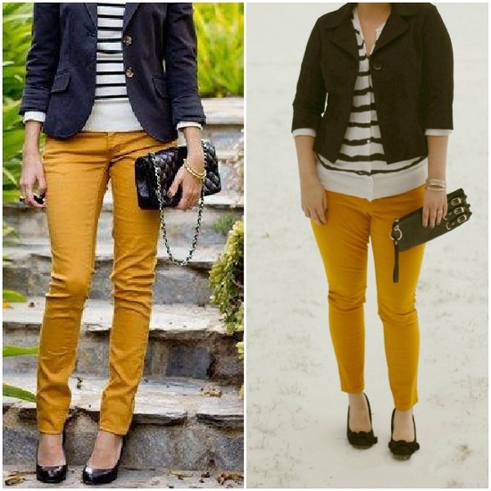 Combine mustard pants with striped shirt