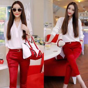 Red pants with white shirt