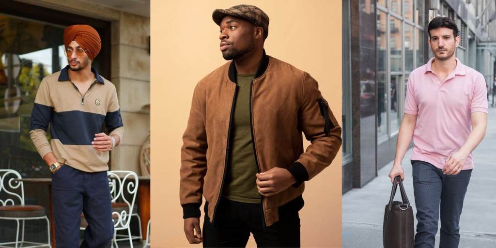 Casual outfit featuring short sleeved polo under patterned sport coat paired with dark wash jeans and white sneakers.