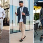 Man in navy blazer over white polo shirt with dress pants and leather loafers in office setting.