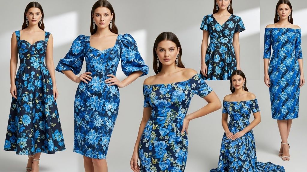 Collection of blue floral dresses showing different neckline types including sweetheart, scoop neck, and off-shoulder styles for various body shapes
