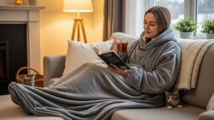 Oversized wearable blanket with sleeves and front pocket