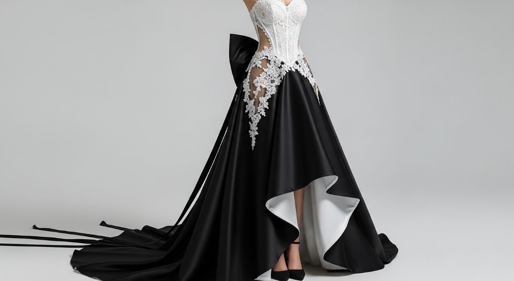Classic and modern fusion black and white wedding dress with A-line silhouette