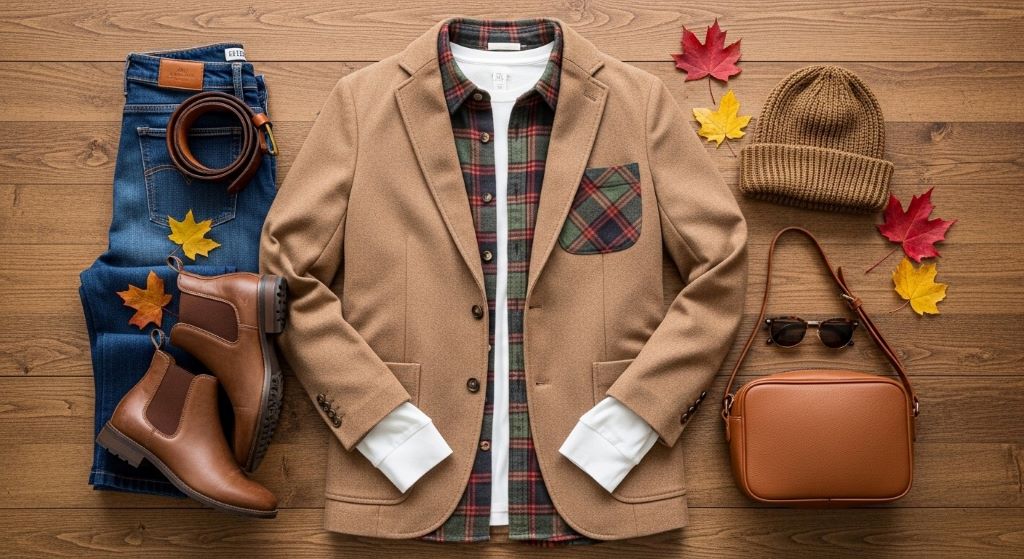 Flat lay of fall layering essentials including a white tee, plaid overshirt, and camel blazer on wooden surface