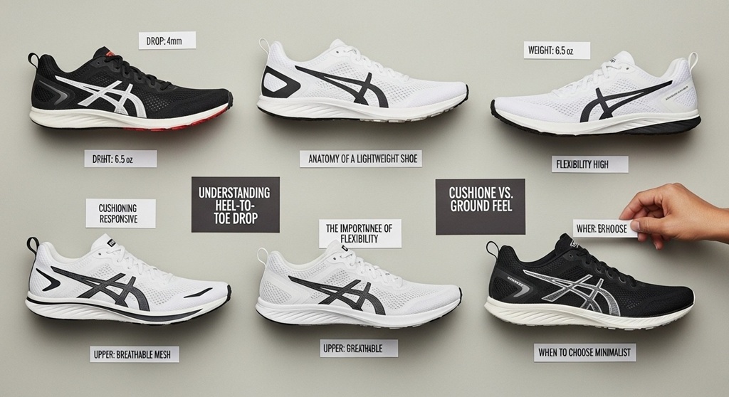 Close-up view of flexible running shoe materials and mesh upper