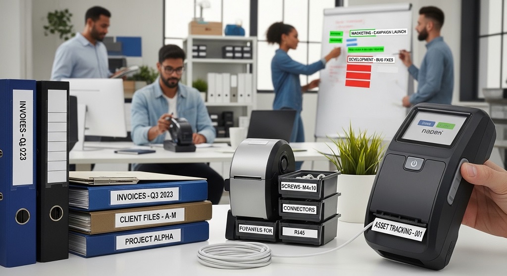 Warehouse shelves labeled with barcode inventory system