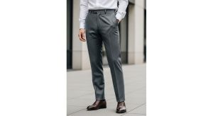 A person wearing a perfectly fitted white shirt and tailored straight-leg trousers, showing balanced proportions for an effortlessly stylish outfit