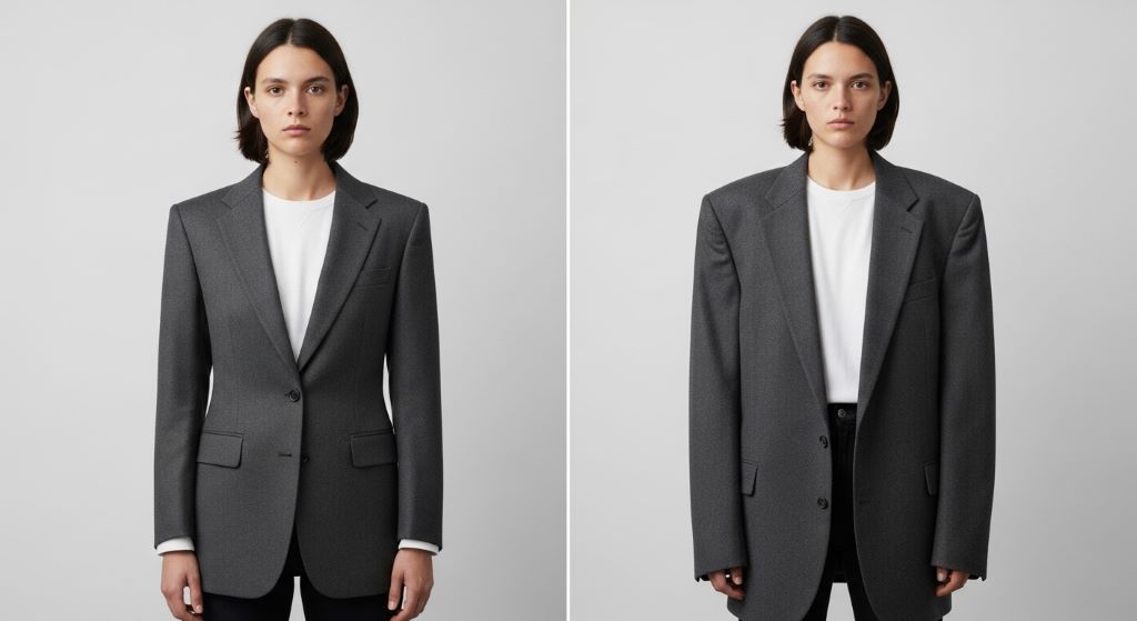 Side-by-side comparison of a well-fitted blazer versus an oversized blazer on the same person, demonstrating the importance of correct clothing fit