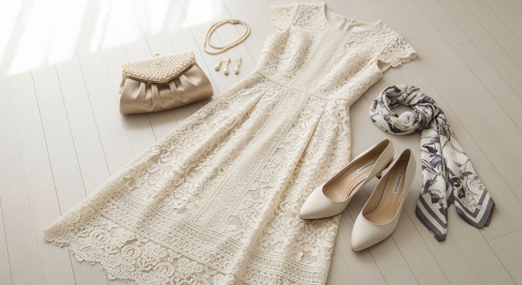 Vintage-inspired lace midi dress and accessories laid out for a special occasion outfit