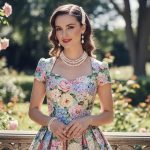 Woman in a floral tea-length dress styled with pearl jewelry for a romantic vintage look