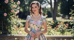 Woman in a floral tea-length dress styled with pearl jewelry for a romantic vintage look