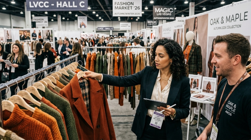 Fashion buyer reviewing autumn 2026 clothing collection at an exhibitor booth inside the Las Vegas Convention Center