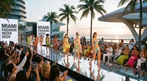 Models walking the runway at Miami Fashion Week 2026 with a crowd of fashion enthusiasts watching from the front row