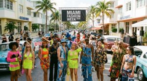 A vibrant street-style scene outside a Miami Fashion Week 2026 venue on Ocean Drive