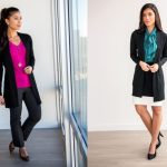 Woman wearing a stylish business casual outfit on a budget in an office.