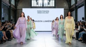 Models walking the runway at Paris Fashion Week Spring/Summer 2027 in fluid pastel womenswear