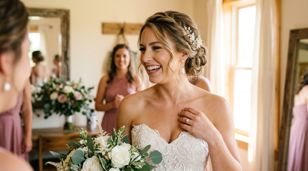 Bride with elegant updo hairstyle wearing classic teardrop pearl earrings and strapless gown.