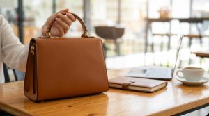 Close up of a structured black top handle purse sitting on a marble cafe table.