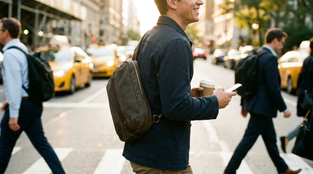 Woman walking down a sunny city street wearing a brown leather shoulder bag.