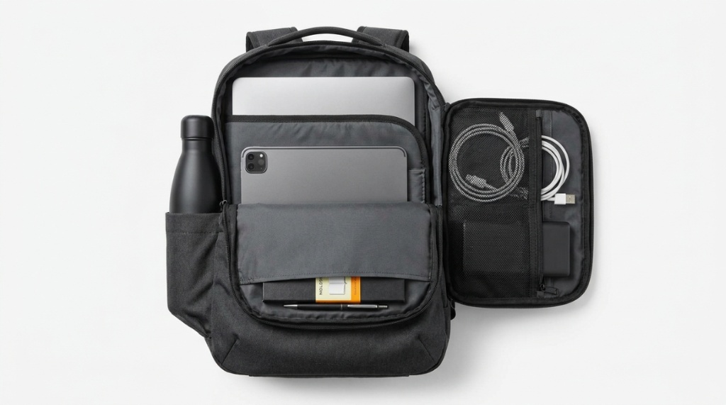 Open professional commuter bag showing organized compartments for a laptop, tech gear, and notebook.