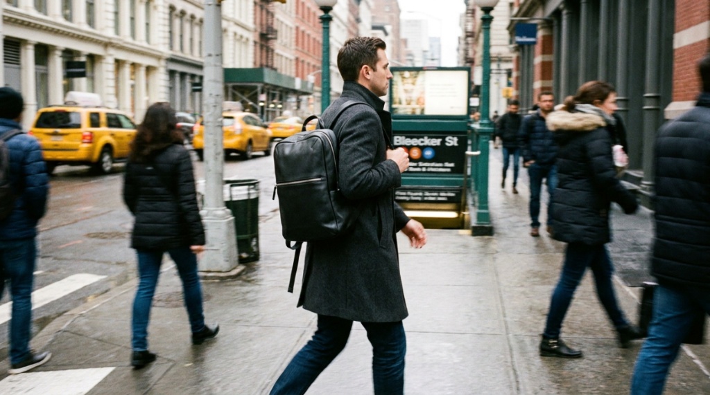 A professional walking toward an NYC subway station wearing a sleek commuter backpack.