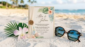 Tropical wedding invitation with pastel orchids on Florida sand.