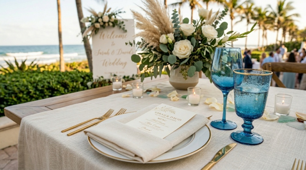 Elegant wedding menu card placed on a reception table.