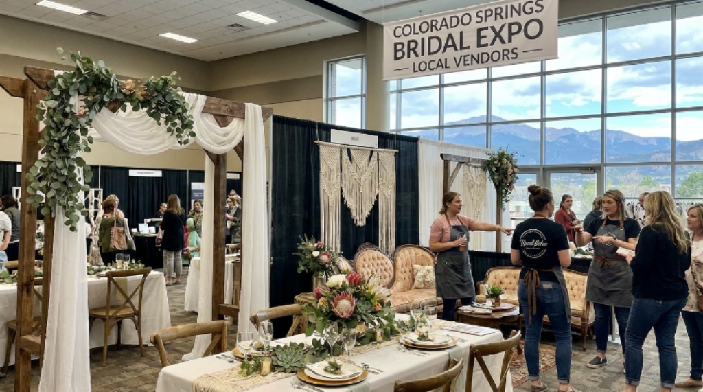 Wedding vendors displaying decor at Colorado Springs bridal expo