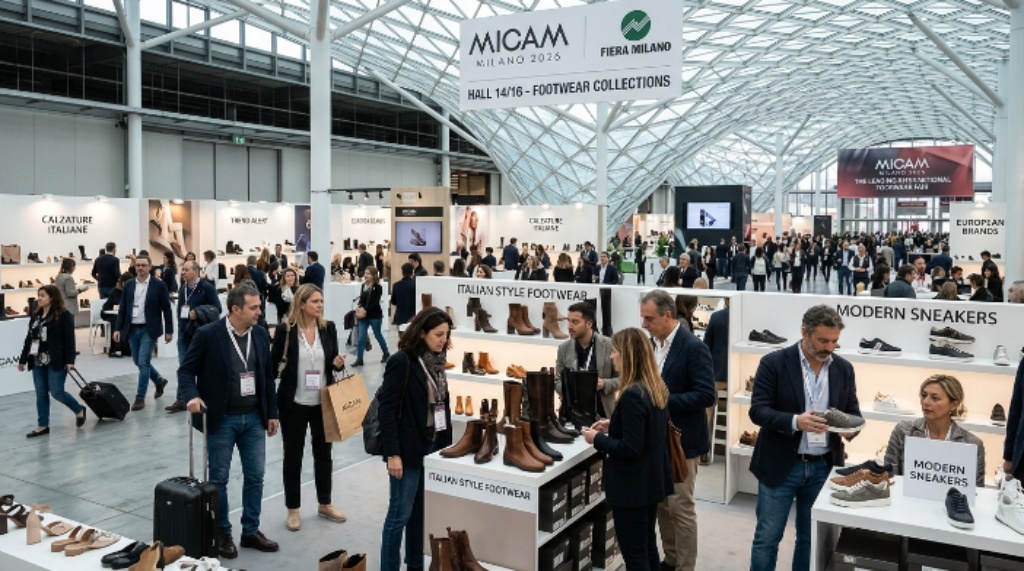 Visitors browsing footwear collections at MICAM Milano 2026 Fiera Milano halls