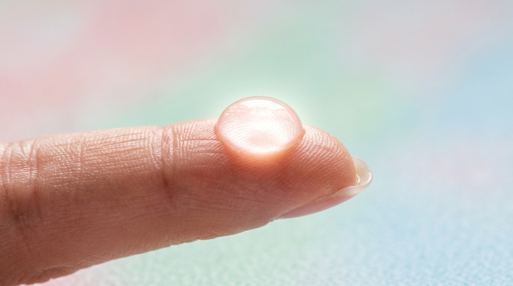 Clear hydrating serum droplet resting on a fingertip.