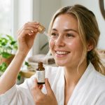 Woman applying hydrating facial serum from a dropper bottle.