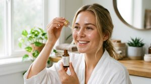 Woman applying hydrating facial serum from a dropper bottle.