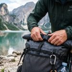 Hiker wearing a waterproof backpack on a misty Washington mountain ridge.