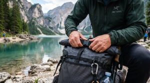 Hiker wearing a waterproof backpack on a misty Washington mountain ridge.