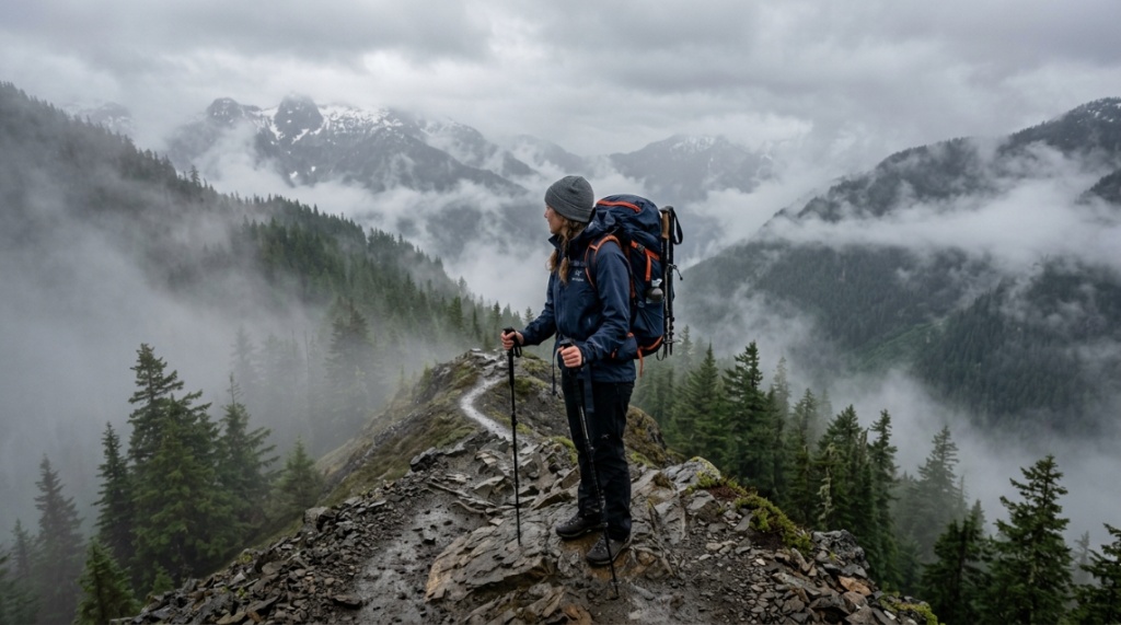 Person securing a roll-top waterproof backpack near an alpine lake.