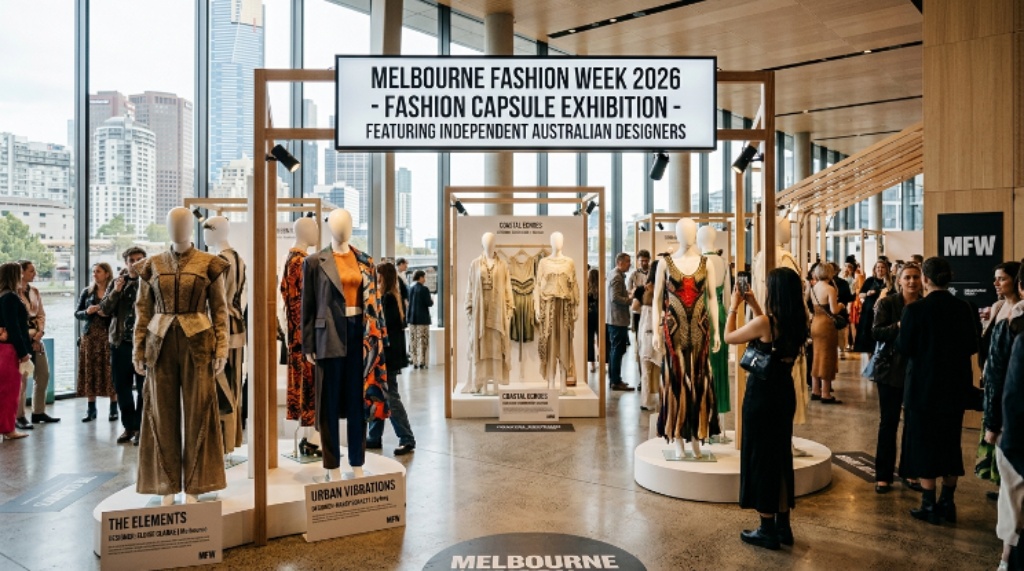 Fashion Capsule Exhibition at Melbourne Fashion Week 2026 featuring independent Australian designer garments on display