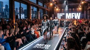 Runway models walking at Melbourne Fashion Week 2026 in a city venue surrounded by a fashion-forward crowd