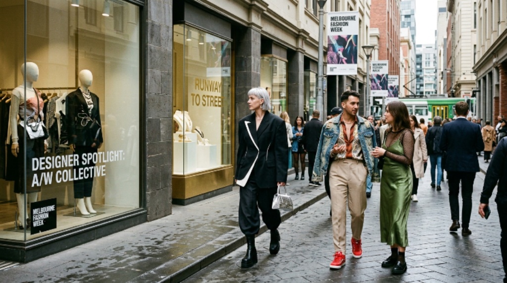 Melbourne CBD street scene during Melbourne Fashion Week with designer boutique displays and fashionably dressed attendees