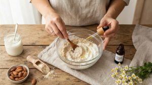 Woman customizing a gentle body scrub for sensitive skin
