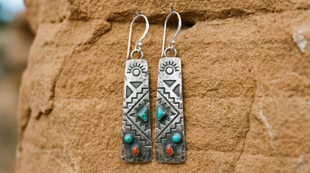 Artisanal silver earrings hanging from polished hooks on sandstone.