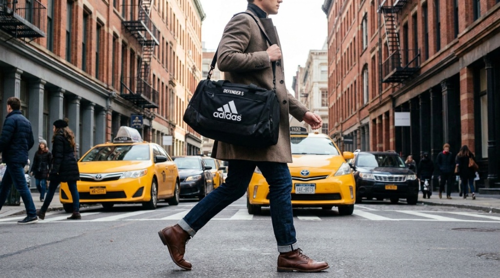 Person carrying an adidas duffel bag down a busy New York street.